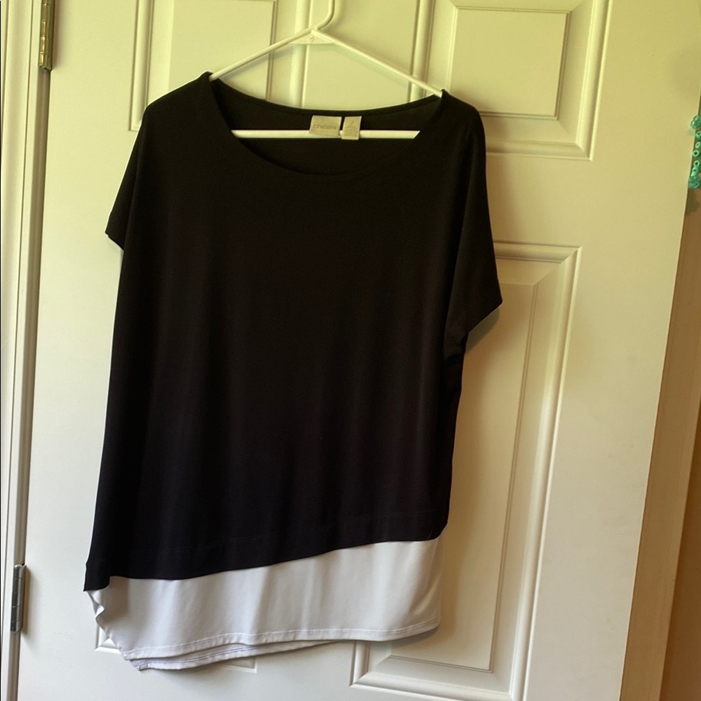 Chico's Black and White Asymmetrical Short Sleeve Blouse